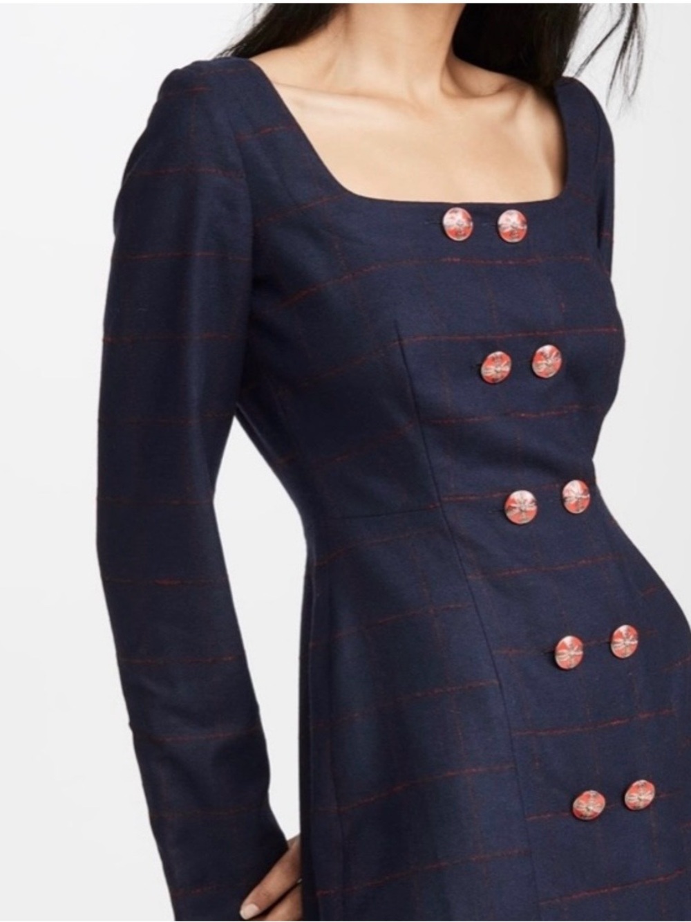 SALONI Navy Long-Sleeve Square-Neck Double-Breasted Dress with Coral Buttons